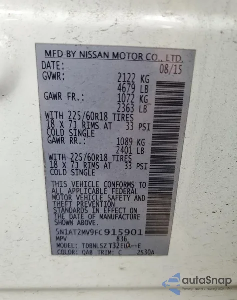 2015 Nissan Rogue S z USA, uszkodzony, nr VIN 5N1AT2MV9FC915901